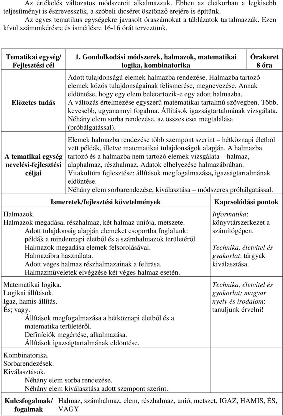 -16 órát terveztünk. 1. Gondolkodási módszerek, halmazok, matematikai logika, kombinatorika 8 óra Adott tulajdonságú elemek halmazba rendezése.