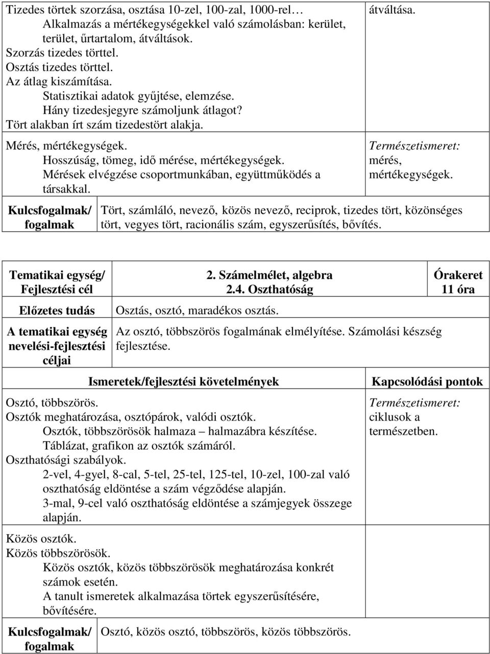 Hosszúság, tömeg, idő mérése, mértékegységek. Mérések elvégzése csoportmunkában, együttműködés a társakkal. Kulcs/ átváltása. Természetismeret: mérés, mértékegységek.