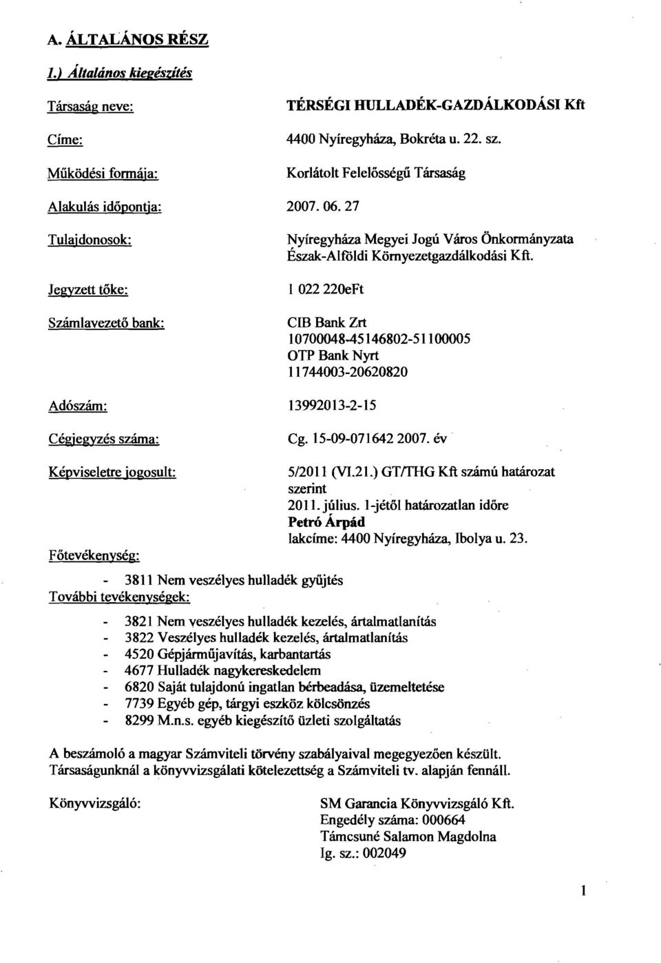 27 Tulajdonosok: Jegyzett tőke: Számlayezetö bank: Nyíregyháza Megyei Jogú Város Önkonnányzata Észak-Alfóldi Környezetgazdálkodási Kft.