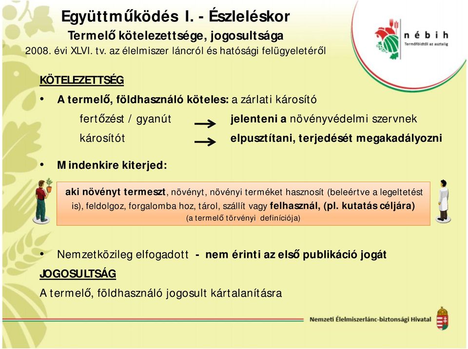 kiterjed: jelenteni a növényvédelmi szervnek elpusztítani, terjedését megakadályozni aki növényt termeszt, növényt, növényi terméket hasznosít (beleértve a