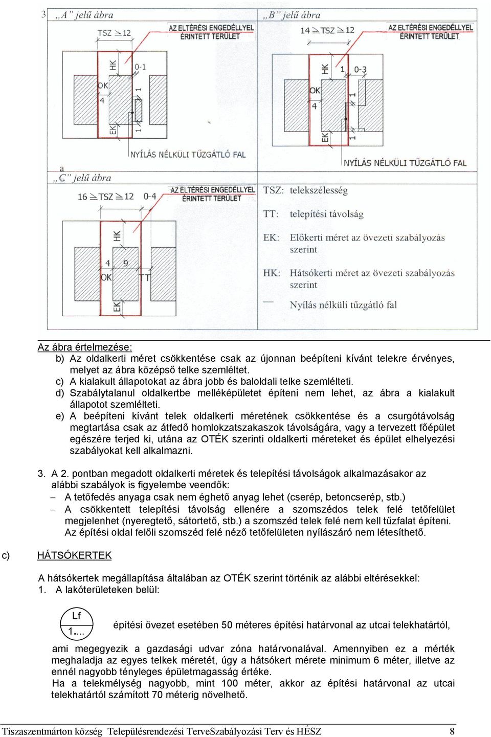 e) A beépíteni kívánt telek oldalkerti méretének csökkentése és a csurgótávolság megtartása csak az átfedő homlokzatszakaszok távolságára, vagy a tervezett főépület egészére terjed ki, utána az OTÉK