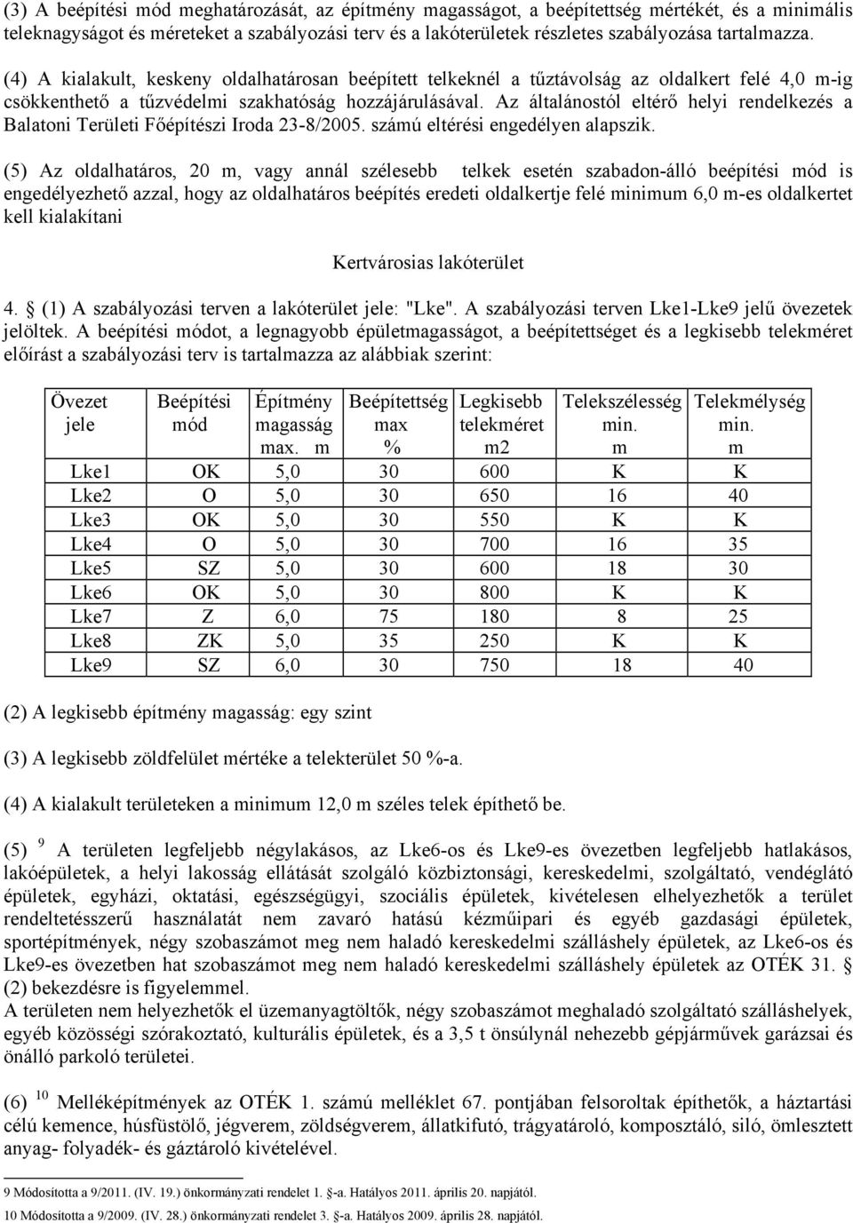 Az általánostól eltérő helyi rendelkezés a Balatoni Területi Főépítészi Iroda 23-8/2005. számú eltérési engedélyen alapszik.