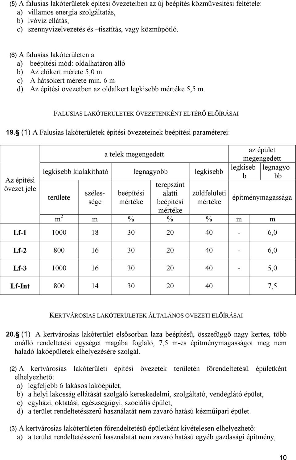 () A Flusis lkóerüleek épíési övezeeinek eépíési prméerei: Az épíési öveze jele elek meenee lekise kilkíhó lenyo lekise erülee szélessée eépíési méréke erepszin li eépíési méréke zölelülei méréke z