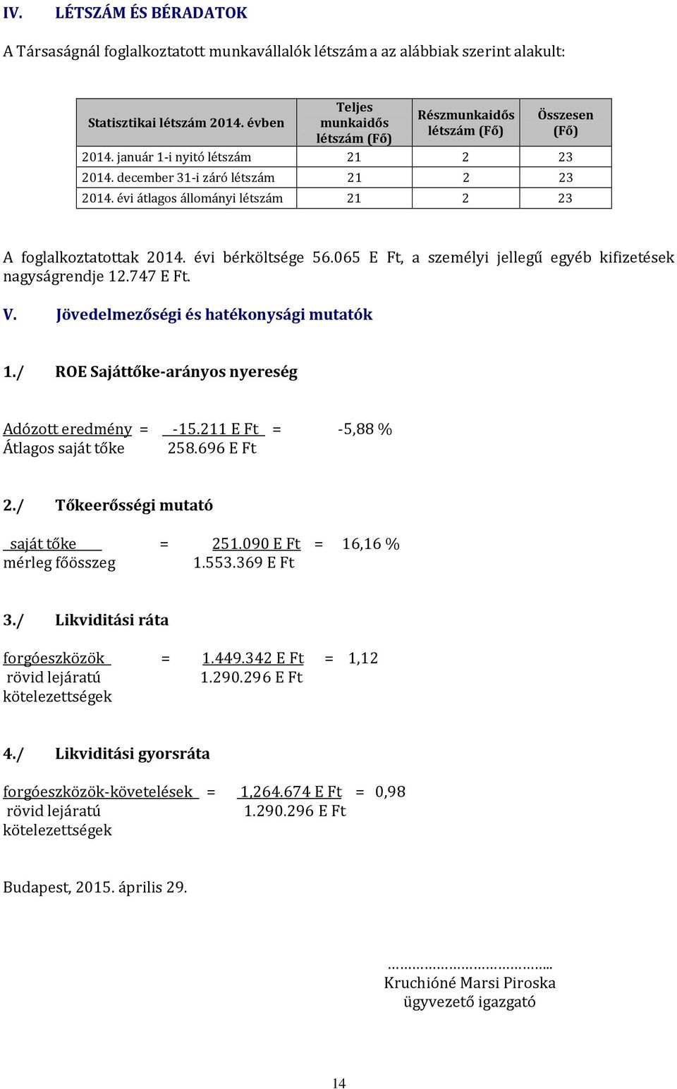 évi átlagos állományi létszám 21 2 23 A foglalkoztatottak 2014. évi bérköltsége 56.065 E Ft, a személyi jellegű egyéb kifizetések nagyságrendje 12.747 E Ft. V.