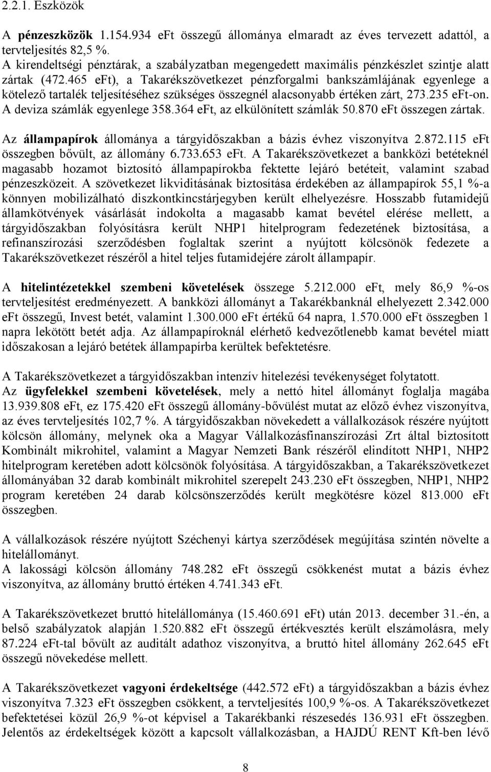 465 eft), a Takarékszövetkezet pénzforgalmi bankszámlájának egyenlege a kötelező tartalék teljesítéséhez szükséges összegnél alacsonyabb értéken zárt, 273.235 eft-on. A deviza számlák egyenlege 358.