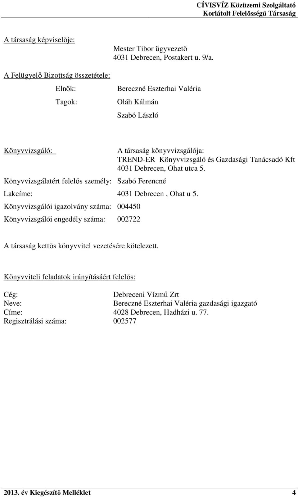 Könyvvizsgálói igazolvány száma: 004450 Könyvvizsgálói engedély száma: 002722 A társaság könyvvizsgálója: TREND-ER Könyvvizsgáló és Gazdasági Tanácsadó Kft 4031 Debrecen, Ohat utca 5.