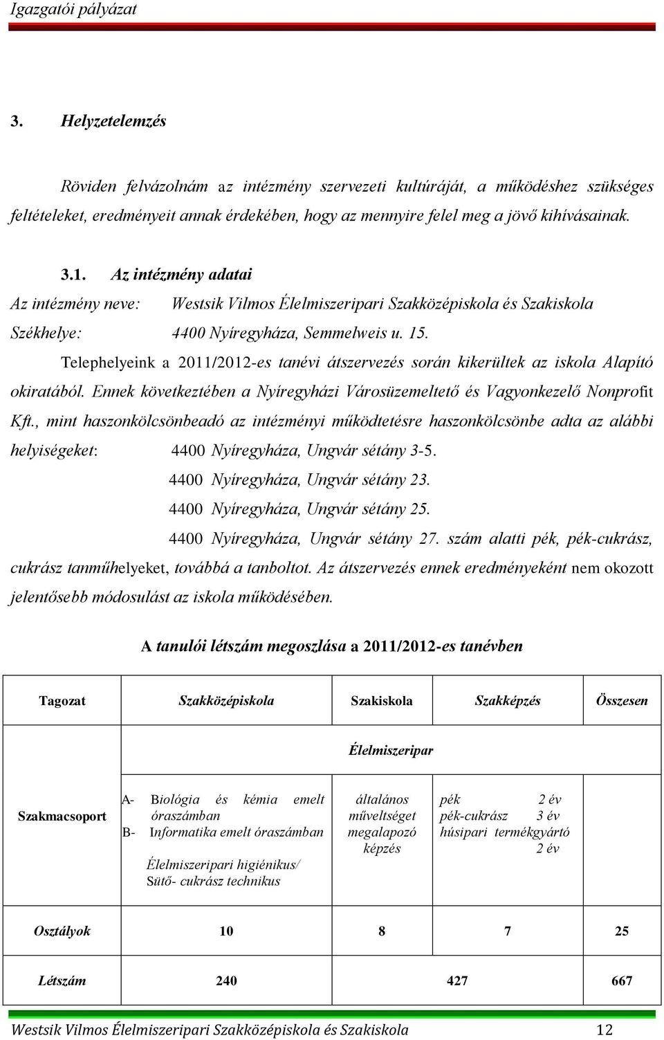 Telephelyeink a 2011/2012-es tanévi átszervezés során kikerültek az iskola Alapító okiratából. Ennek következtében a Nyíregyházi Városüzemeltető és Vagyonkezelő Nonprofit Kft.