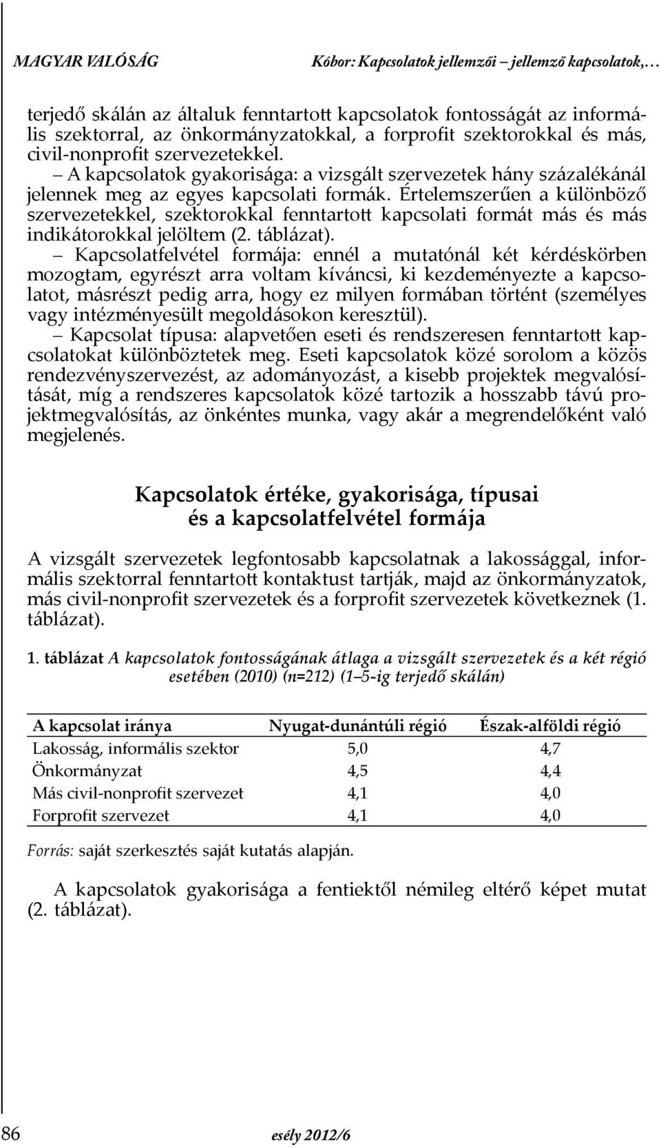 Értelemszerűen a különböző szervezetekkel, szektorokkal fenntartott kapcsolati formát más és más indikátorokkal jelöltem (2. táblázat).