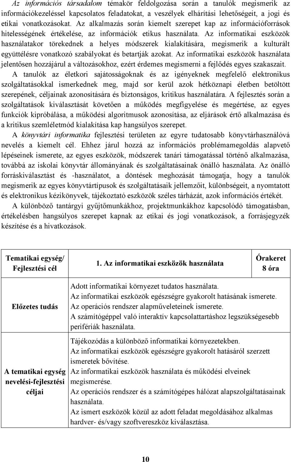 Az informatikai eszközök használatakor törekednek a helyes módszerek kialakítására, megismerik a kulturált együttélésre vonatkozó szabályokat és betartják azokat.