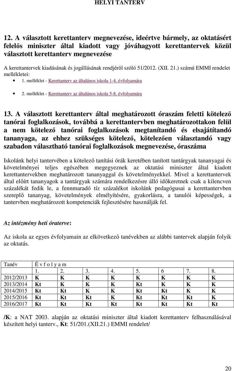 kiadásának és jogállásának rendjéről szóló 51/2012. (XII. 21.) számú EMMI rendelet mellékletei: 1. melléklet - Kerettanterv az általános iskola 1-4. évfolyamára 2.