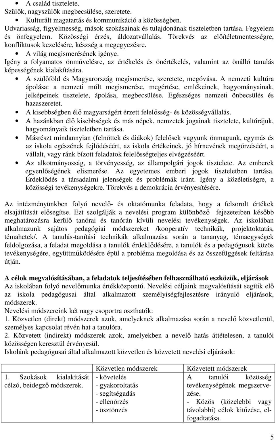 Igény a folyamatos önművelésre, az értékelés és önértékelés, valamint az önálló tanulás képességének kialakítására. A szülőföld és Magyarország megismerése, szeretete, megóvása.