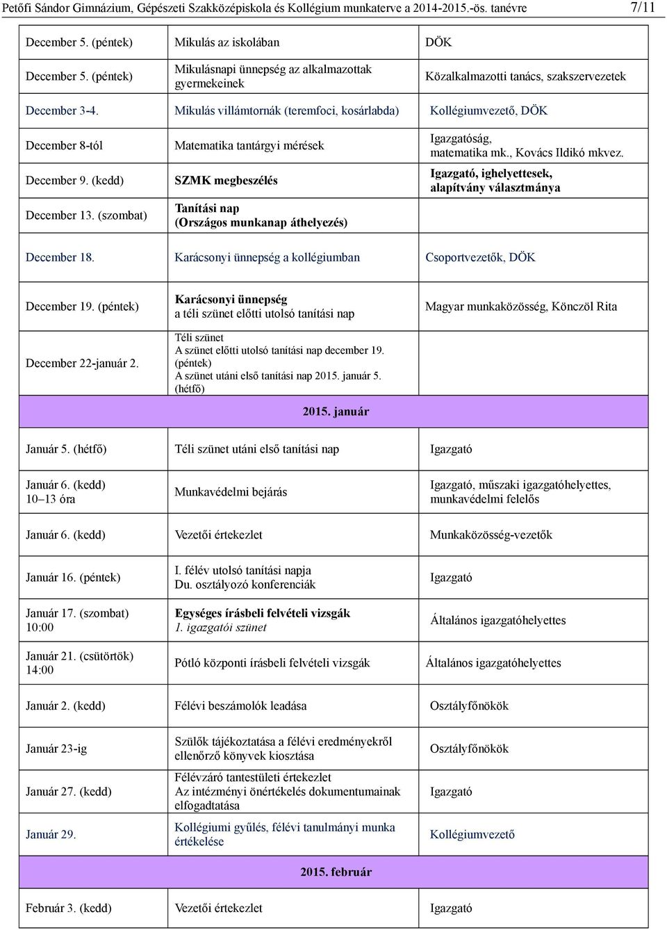 Mikulás villámtornák (teremfoci, kosárlabda) Kollégiumvezető, DÖK December 8-tól December 9. (kedd) December 13.