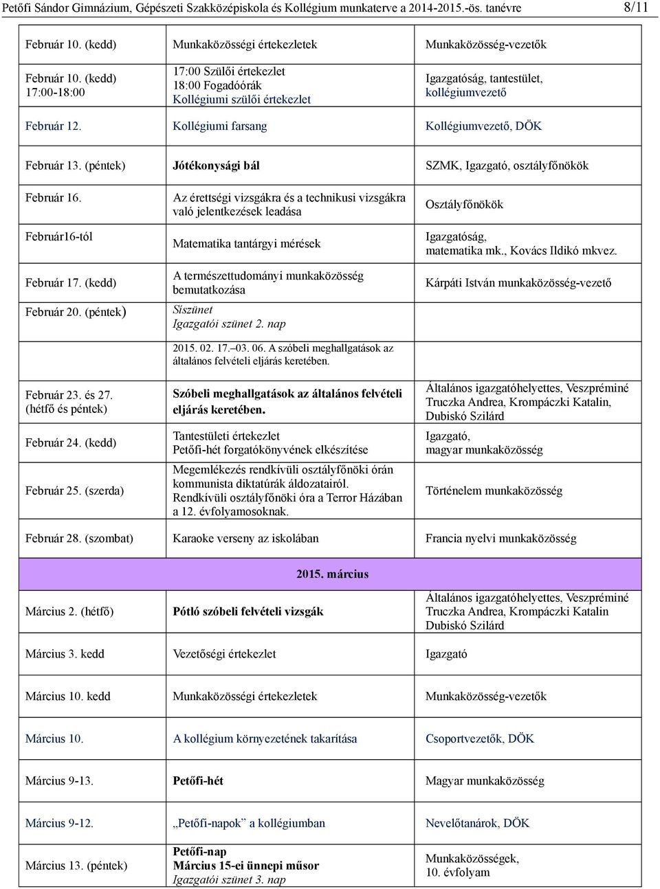 (péntek) Jótékonysági bál SZMK, Igazgató, osztályfőnökök Február 16. Február16-tól Február 17. (kedd) Február 20. (péntek) Február 23. és 27. (hétfő és péntek) Február 24. (kedd) Február 25.