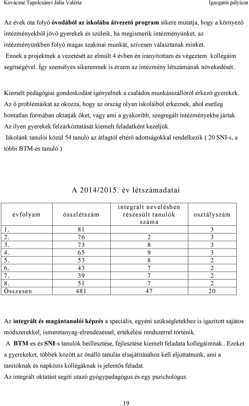 Így személyes sikeremnek is érzem az intézmény létszámának növekedését. Kiemelt pedagógiai gondoskodást igényelnek a családos munkásszállóról érkező gyerekek.