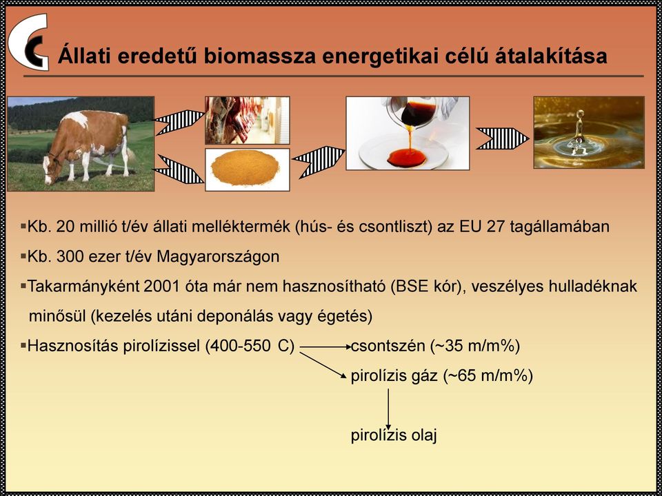 300 ezer t/év Magyarországon Takarmányként 2001 óta már nem hasznosítható (BSE kór), veszélyes