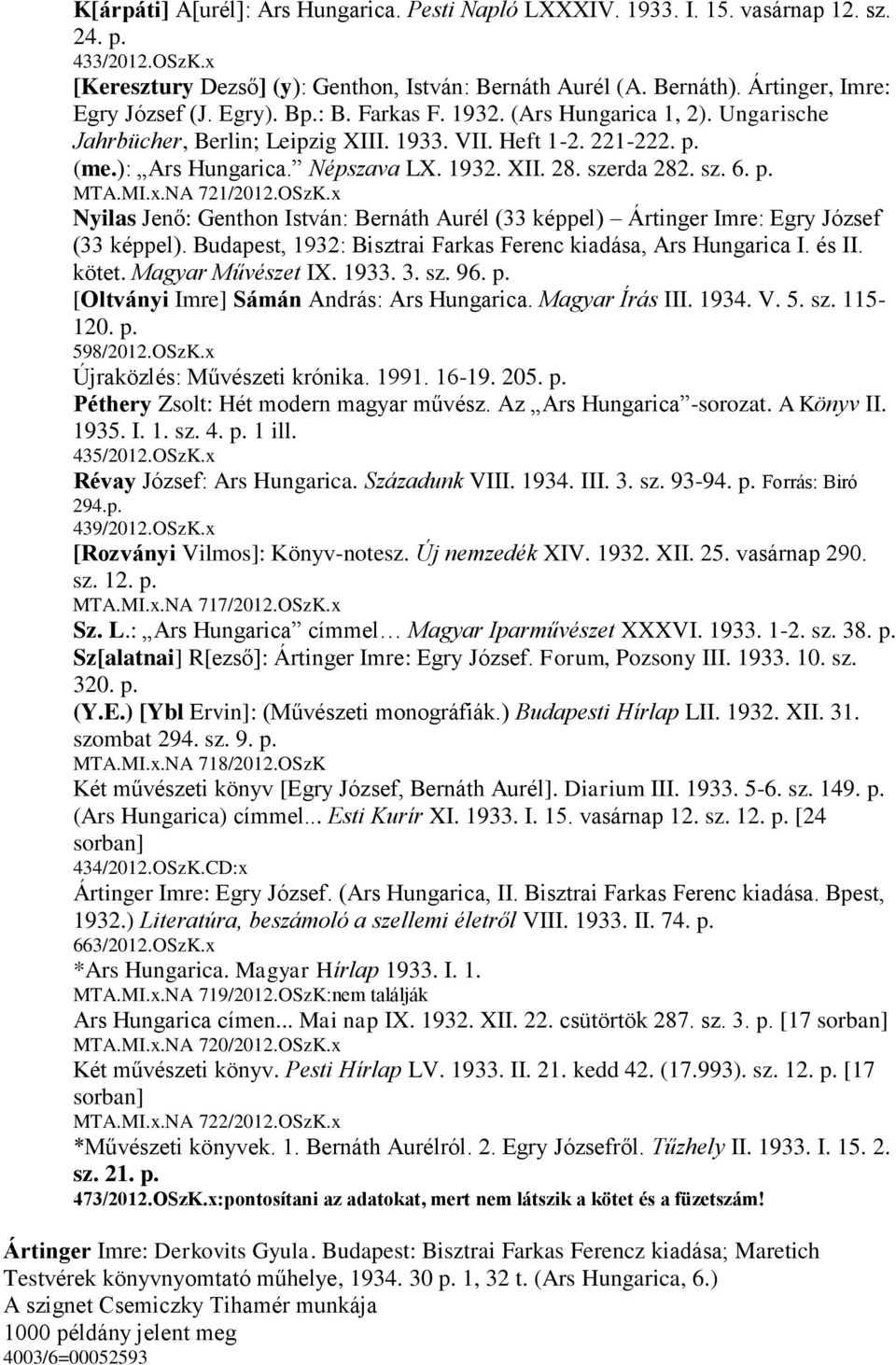 1932. XII. 28. szerda 282. sz. 6. p. MTA.MI.x.NA 721/2012.OSzK.x Nyilas Jenő: Genthon István: Bernáth Aurél (33 képpel) Ártinger Imre: Egry József (33 képpel).