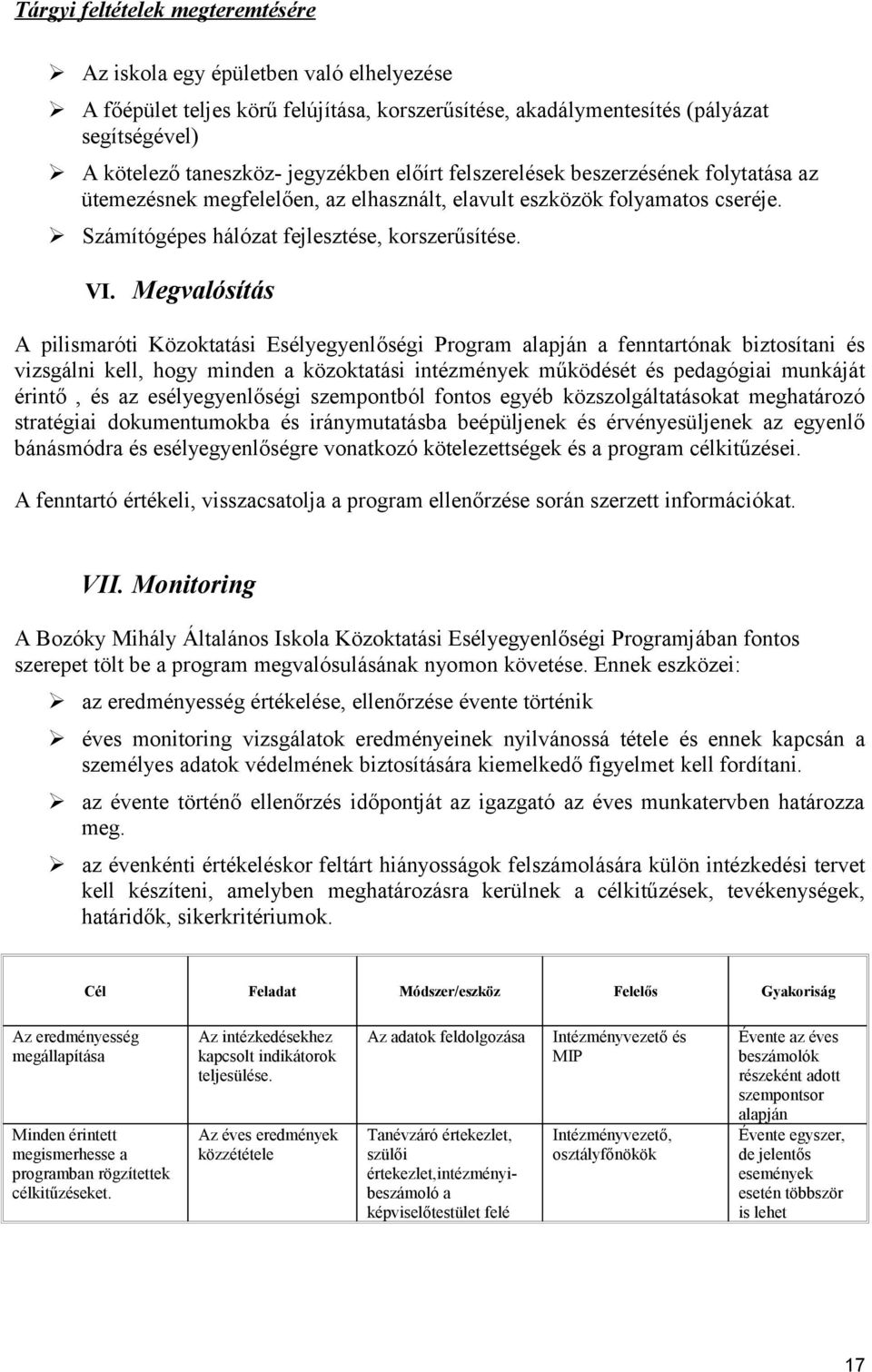 Megvalósítás A pilismaróti Közoktatási Esélyegyenlőségi Program alapján a fenntartónak biztosítani és vizsgálni kell, hogy minden a közoktatási intézmények működését és pedagógiai munkáját érintő, és