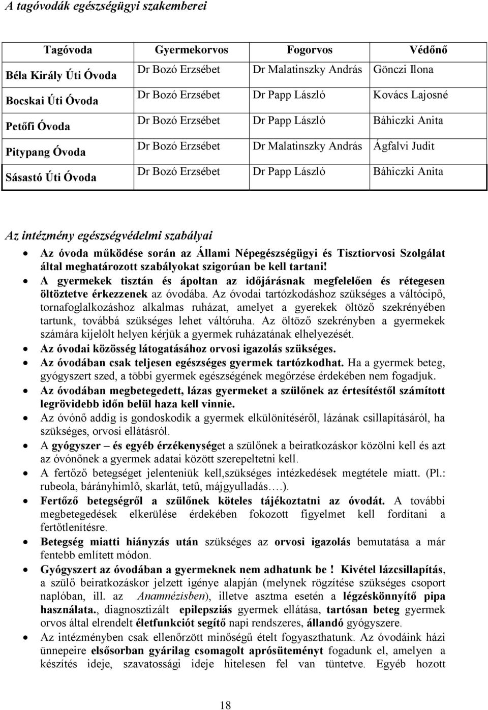 Báhiczki Anita Az intézmény egészségvédelmi szabályai Az óvoda működése során az Állami Népegészségügyi és Tisztiorvosi Szolgálat által meghatározott szabályokat szigorúan be kell tartani!