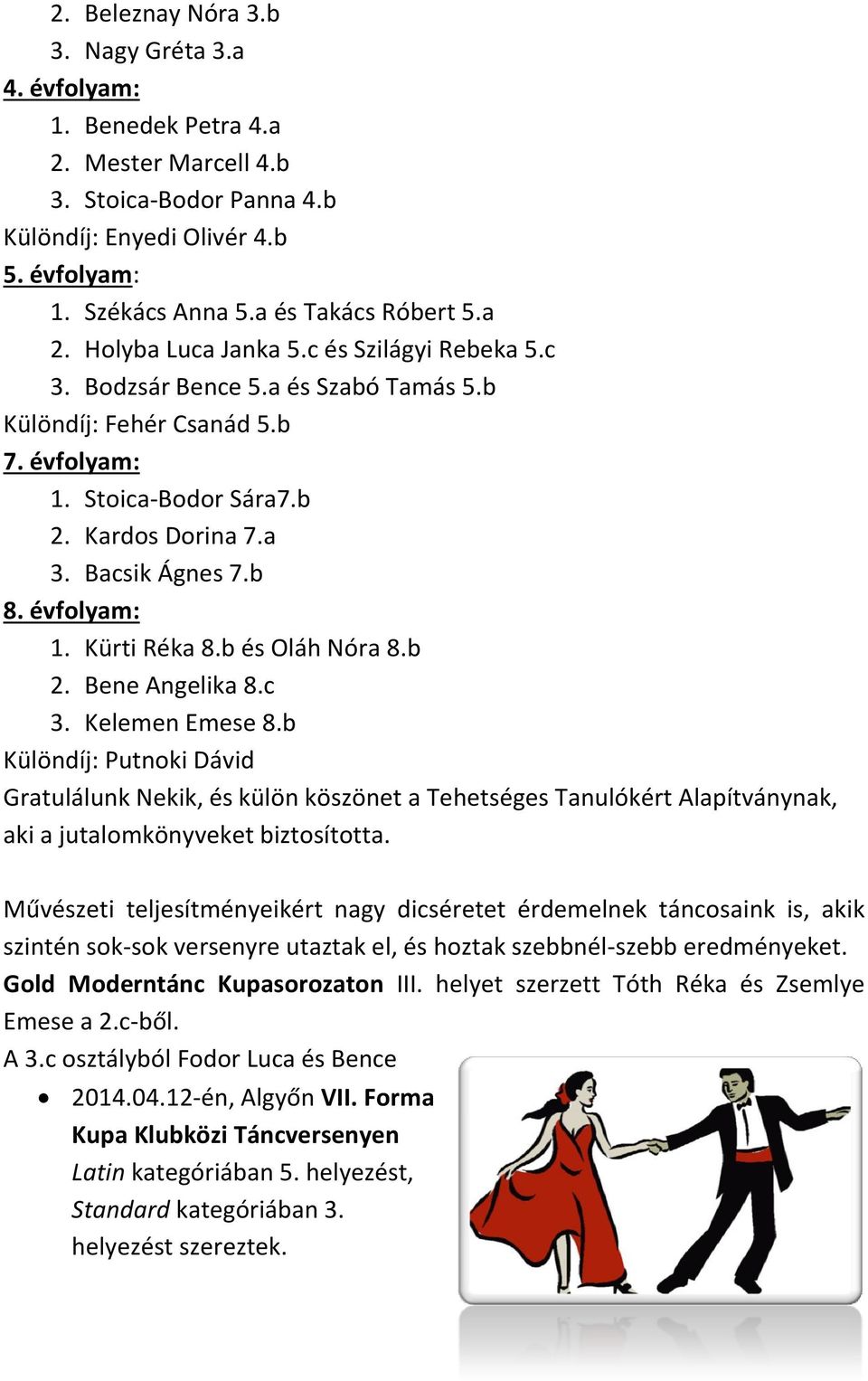 Bacsik Ágnes 7.b 8. évfolyam: 1. Kürti Réka 8.b és Oláh Nóra 8.b 2. Bene Angelika 8.c 3. Kelemen Emese 8.