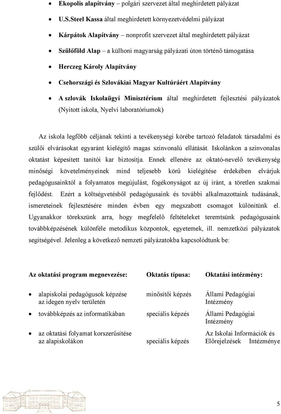 Herczeg Károly Alapítvány Csehországi és Szlovákiai Magyar Kultúráért Alapítvány A szlovák Iskolaügyi Minisztérium által meghirdetett fejlesztési pályázatok (Nyitott iskola, Nyelvi laboratóriumok) Az