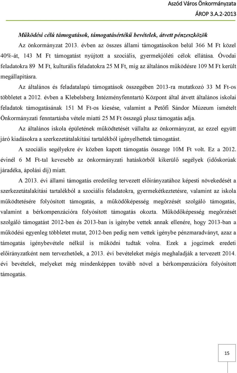 Óvodai feladatokra 89 M Ft, kulturális feladatokra 25 M Ft, míg az általános működésre 109 M Ft került megállapításra.