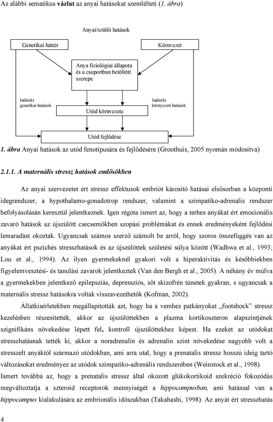 1. ábra Anyai hatások az utód fenotípusára és fejlődésére (Groothuis, 2005 nyomán módosítva) 2.1.1. A maternális stressz hatások emlősökben Az anyai szervezetet ért stressz effektusok embriót