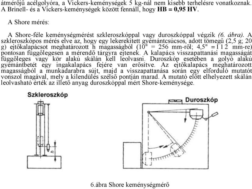 A szkleroszkópos mérés elve az, hogy egy lekerekített gyémántcsúcsos, adott tömegű (,5 g; 0 g) ejtőkalapácsot meghatározott h magasságból (10" = 56 mm-ről; 4,5" = 1 1 mm-re) pontosan függőlegesen a