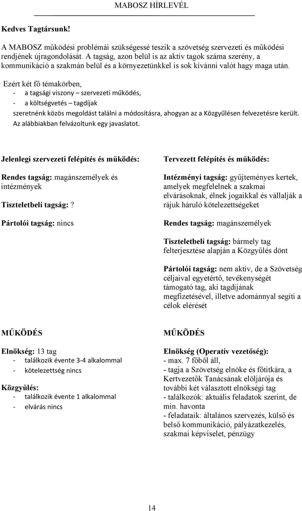 Ezért két fő témakörben, a tagsági viszony szervezeti működés, a költségvetés tagdíjak szeretnénk közös megoldást találni a módosításra, ahogyan az a Közgyűlésen felvezetésre került.