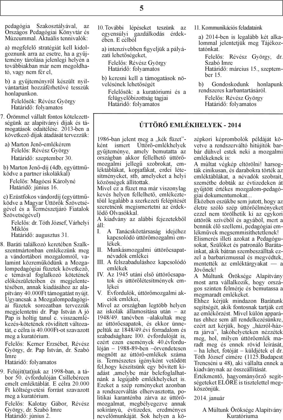 nyilvántartást hozzáférhetővé tesszük honlapunkon. Felelősök: Révész György 7. Örömmel vállalt fontos kötelezettségünk az alapítványi díjak és támogatások odaítélése.