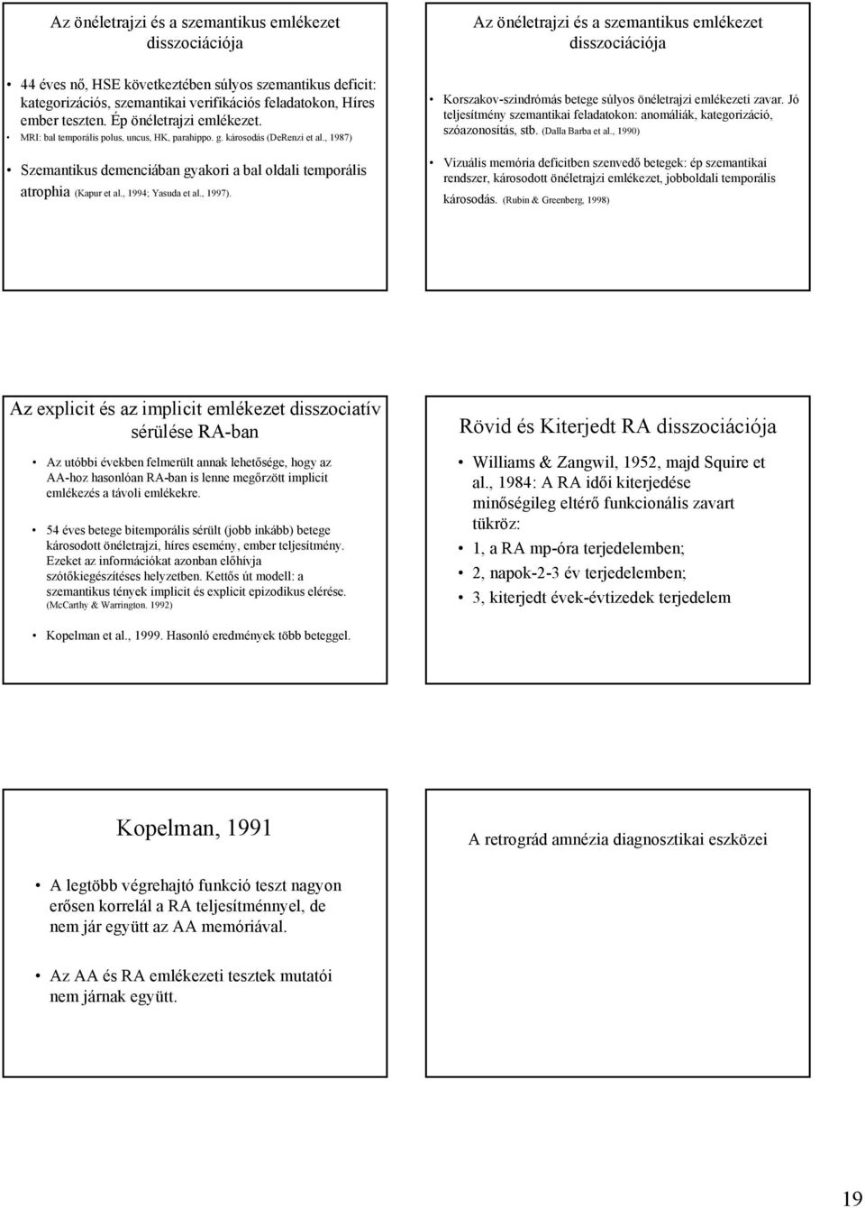 , 1994; Yasuda et al., 1997). Az önéletrajzi és a szemantikus emlékezet disszociációja Korszakov-szindrómás betege súlyos önéletrajzi emlékezeti zavar.