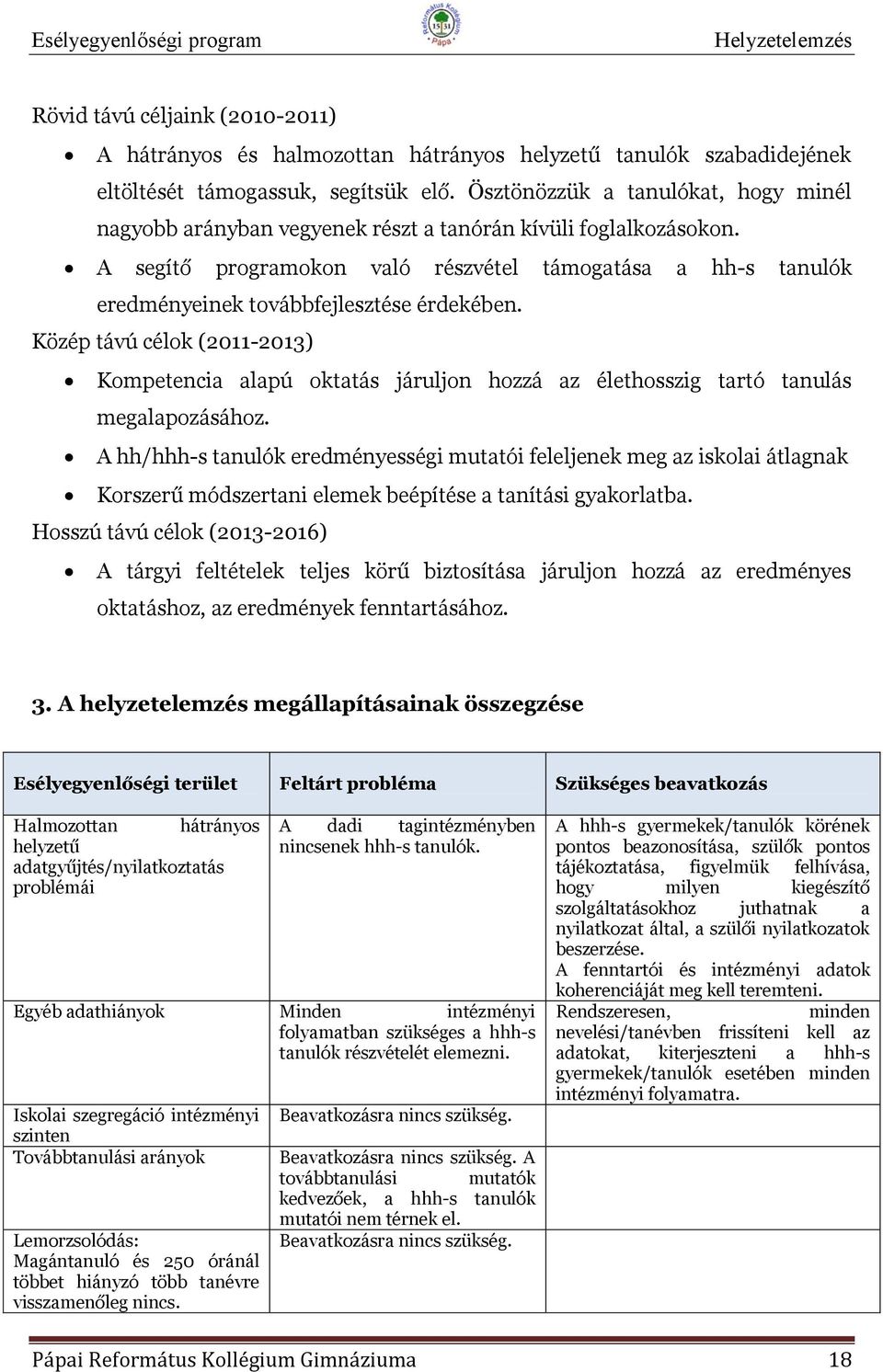 A segítő programokon való részvétel támogatása a hh-s tanulók eredményeinek továbbfejlesztése érdekében.