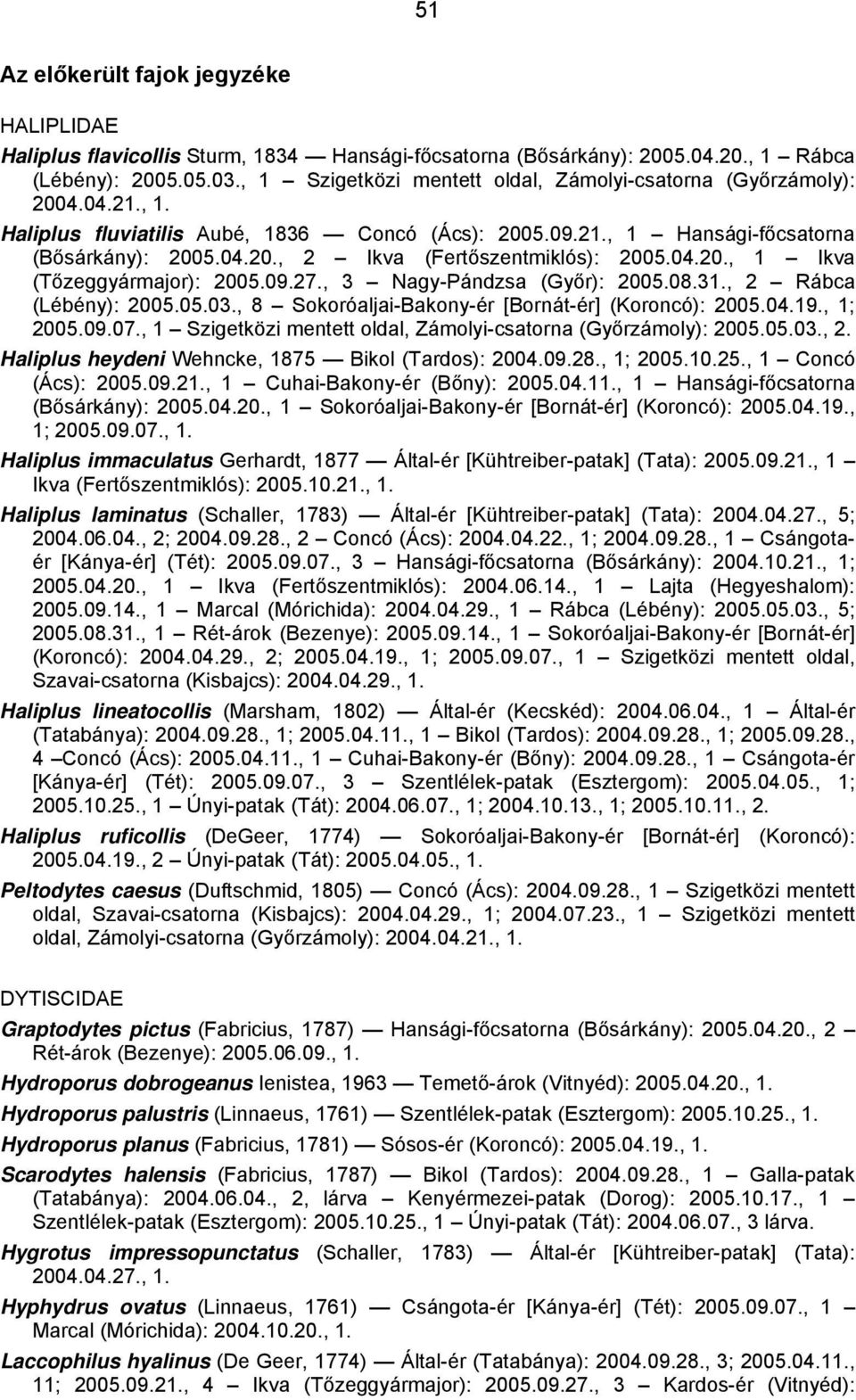 04.20., 1 Ikva (Tőzeggyármajor): 2005.09.27., 3 Nagy-Pándzsa (Győr): 2005.08.31., 2 Rábca (Lébény): 2005.05.03., 8 Sokoróaljai-Bakony-ér [Bornát-ér] (Koroncó): 2005.04.19., 1; 2005.09.07.