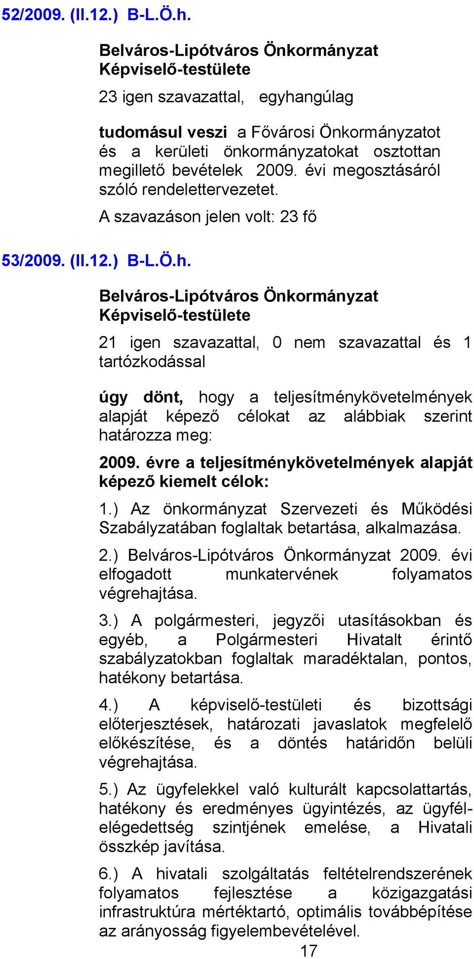 A szavazáson jelen volt: 23 fő 21 igen szavazattal, 0 nem szavazattal és 1 úgy dönt, hogy a teljesítménykövetelmények alapját képező célokat az alábbiak szerint határozza meg: 2009.