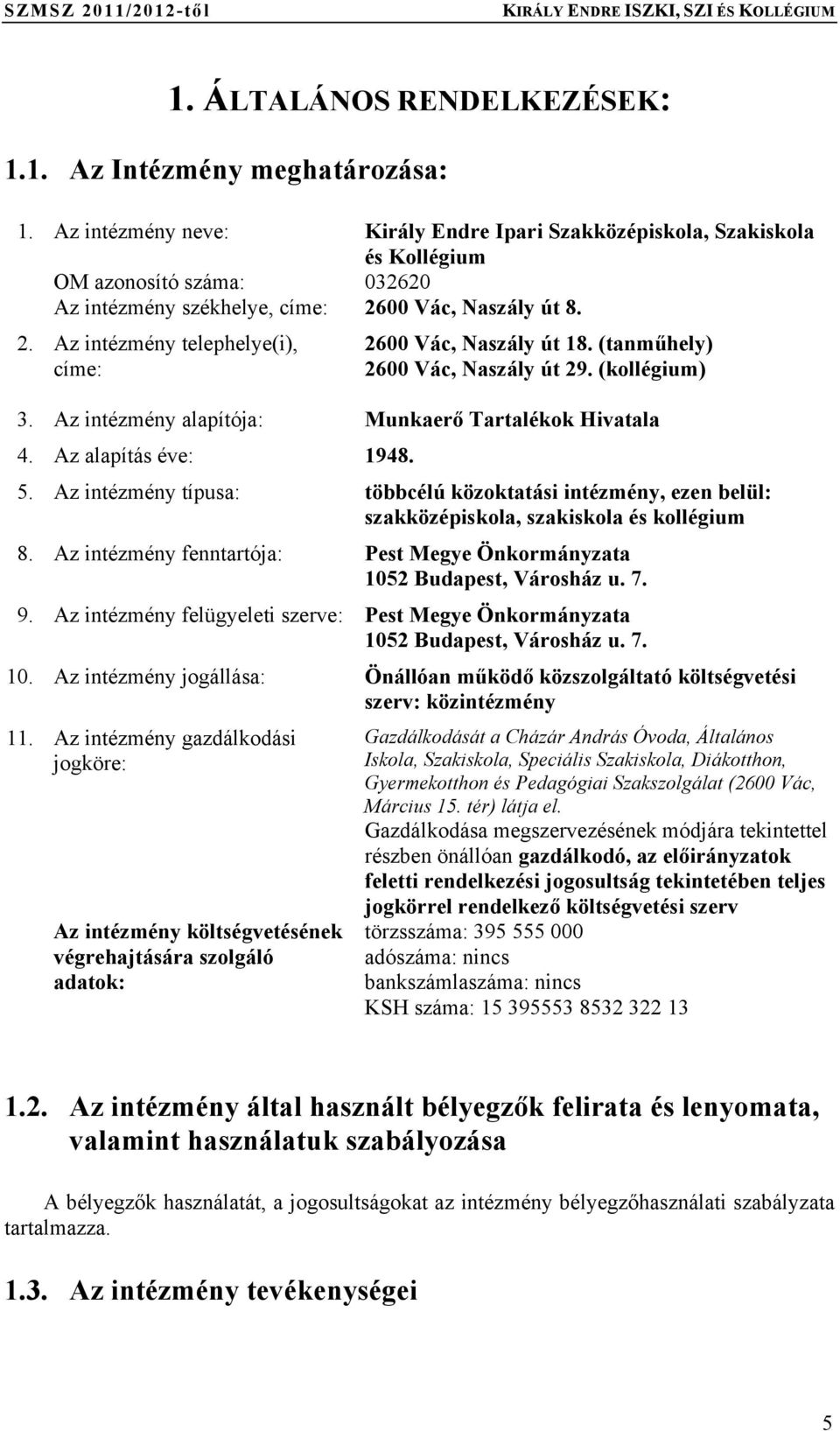 (tanműhely) 2600 Vác, Naszály út 29. (kollégium) 3. Az intézmény alapítója: Munkaerő Tartalékok Hivatala 4. Az alapítás éve: 1948. 5.