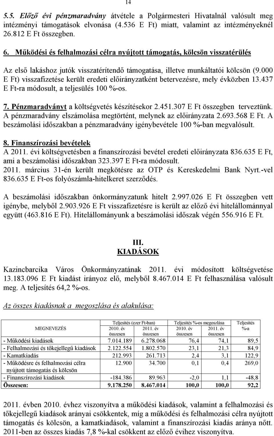 000 E Ft) visszafizetése került eredeti előirányzatként betervezésre, mely évközben 13.437 E Ft-ra módosult, a teljesülés 100 %-os. 7. Pénzmaradványt a költségvetés készítésekor 2.451.