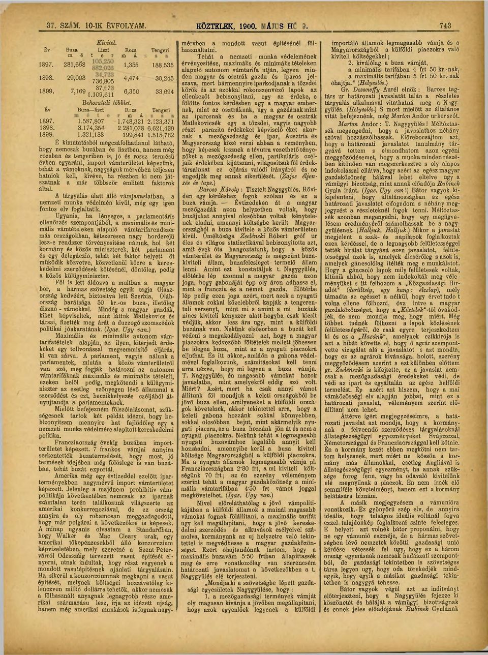 515,762 É kimutatásból megczáfolhatlanul látható, hogy nemcsak búzában és lisztben, hanem még rozsban és tengeriben is, jó és rossz termésű évben egyaránt, import vámterületet képezünk, tehát a