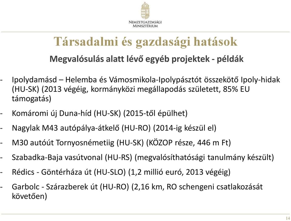 autópálya-átkelő (HU-RO) (2014-ig készül el) - M30 autóút Tornyosnémetiig (HU-SK) (KÖZOP része, 446 m Ft) - Szabadka-Baja vasútvonal (HU-RS)