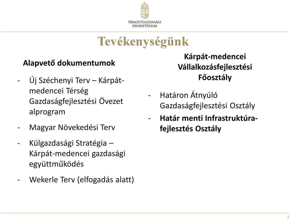 együttműködés - Wekerle Terv (elfogadás alatt) Tevékenységünk Kárpát-medencei