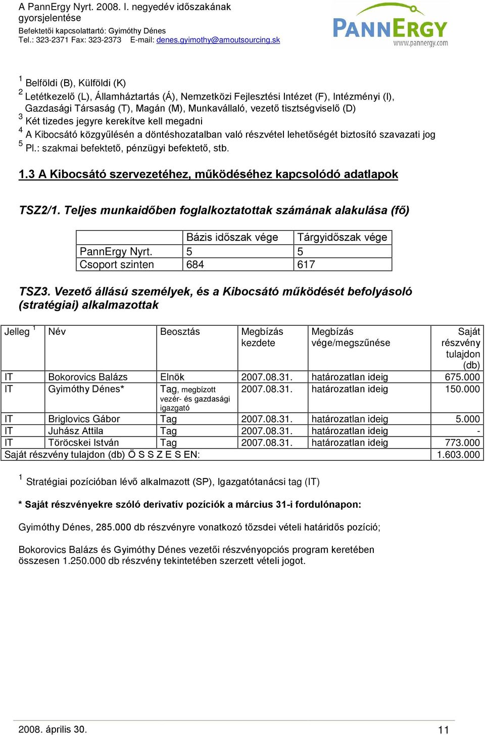 3 A Kibocsátó szervezetéhez, mûködéséhez kapcsolódó adatlapok TSZ2/1. Teljes munkaidõben foglalkoztatottak számának alakulása (fõ) Bázis idõszak vége Tárgyidõszak vége PannErgy Nyrt.