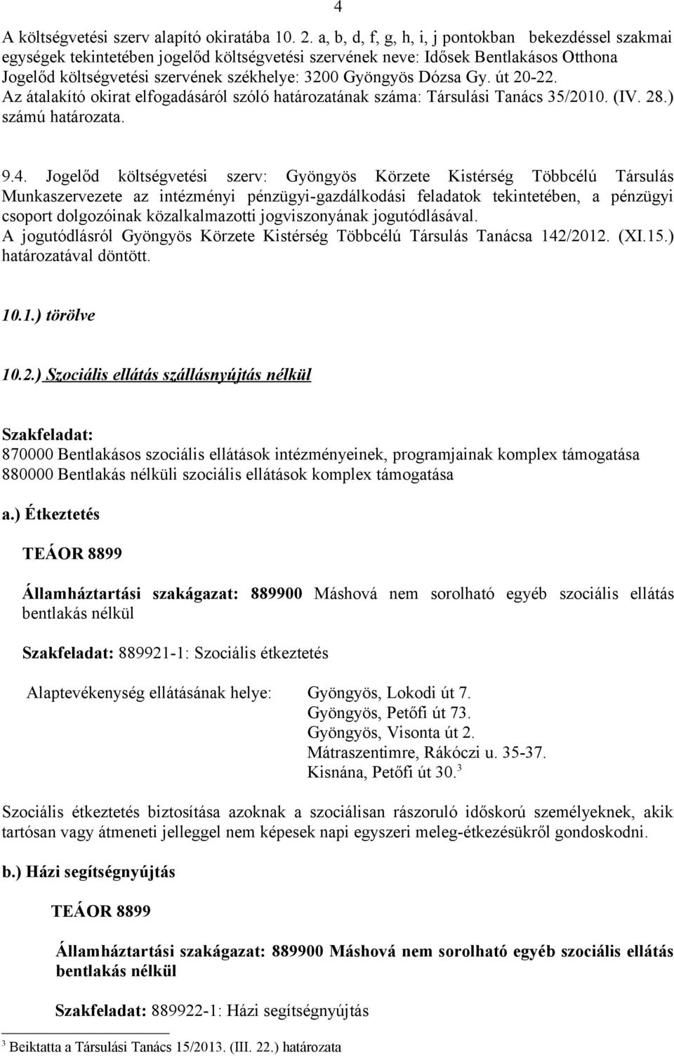 Dózsa Gy. út 20-22. Az átalakító okirat elfogadásáról szóló határozatának száma: Társulási Tanács 35/2010. (IV. 28.) számú határozata. 9.4.