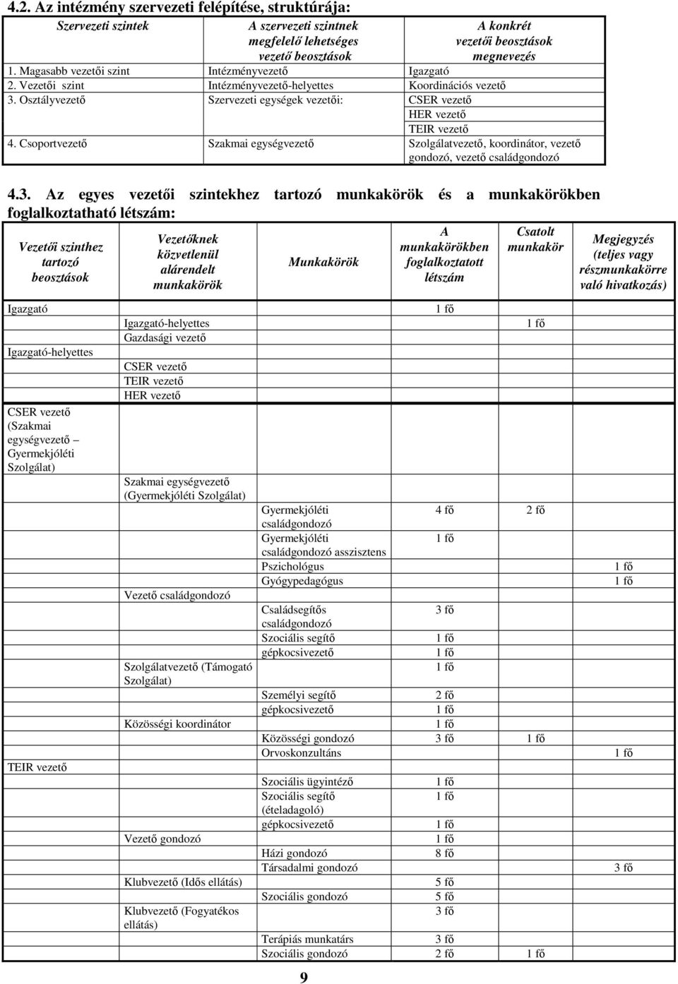 Osztályvezető Szervezeti egységek vezetői: CSER vezető HER vezető TEIR vezető 4. Csoportvezető Szakmai egységvezető Szolgálatvezető, koordinátor, vezető gondozó, vezető családgondozó 4.3.