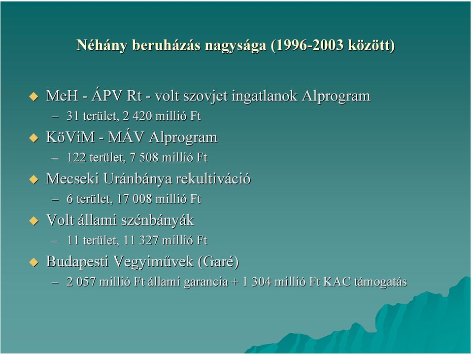 Uránbánya rekultiváció 6 terület, 17 008 millió Ft Volt állami szénbányák 11 terület, 11 327