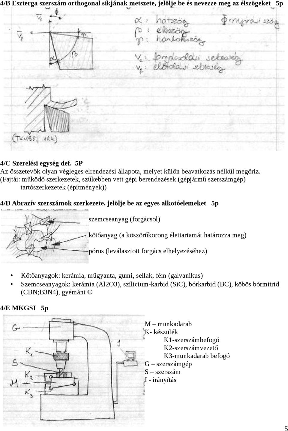 (Fajtái: működő szerkezetek, szűkebben vett gépi berendezések (gépjármű szerszámgép) tartószerkezetek (építmények)) 4/D Abrazív szerszámok szerkezete, jelölje be az egyes alkotóelemeket 5p