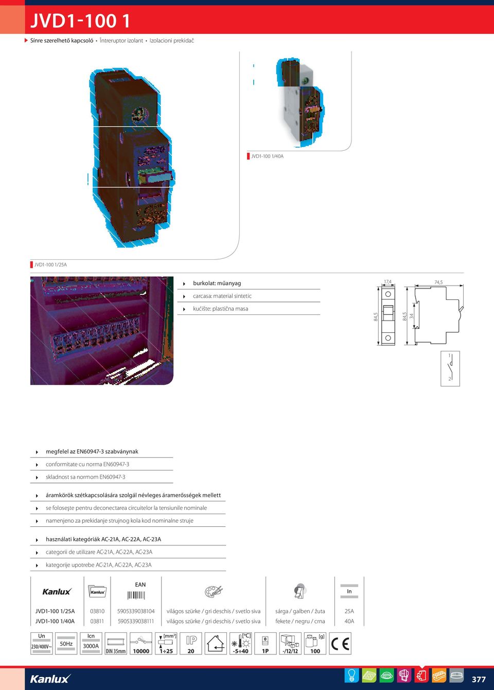 strujnog kola kod nominalne struje használati kategóriák AC-2A, AC-22A, AC-23A categorii de utilizare AC-2A, AC-22A, AC-23A kategorije upotrebe AC-2A, AC-22A, AC-23A JVD-00 /25A 0380