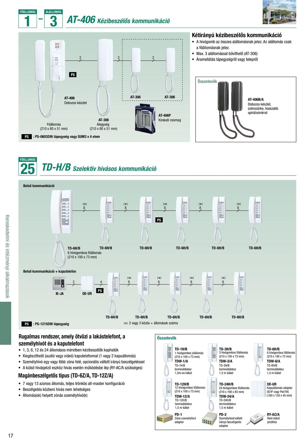 AT-406B/A Dobozos készlet, szénszürke, hosszabb spirálzsinórral : -0603DIN tápegység vagy SUM3 x 4 elem FŐÁLLOMÁS 5 TD-H/B Szelektív hívásos kommunikáció Belső kommunikáció 8 8 8 8 8 Kereskedelmi és