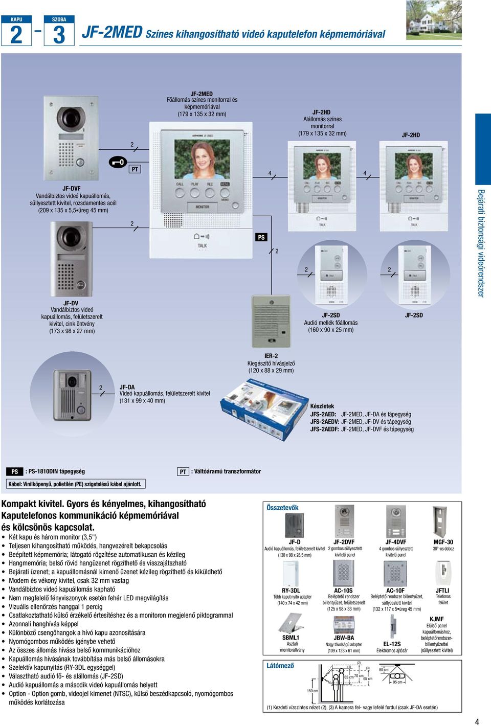 kivitel, cink öntvény (173 x 98 x 7 mm) JF-SD Audió mellék főállomás (160 x 90 x 5 mm) JF-SD IER- Kiegészítő hívásjelző (10 x 88 x 9 mm) JF-DA Videó kapuállomás, felületszerelt kivitel (131 x 99 x 40