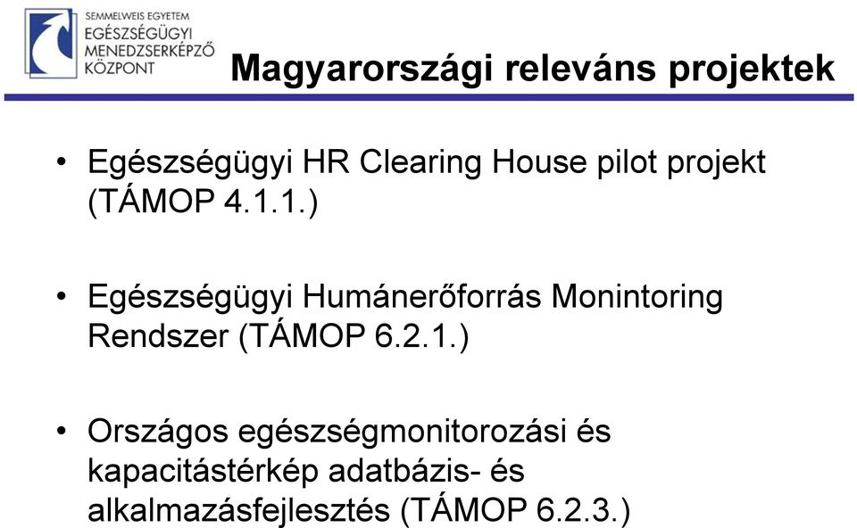 1.) Egészségügyi Humánerőforrás Monintoring Rendszer (TÁMOP 6.2.