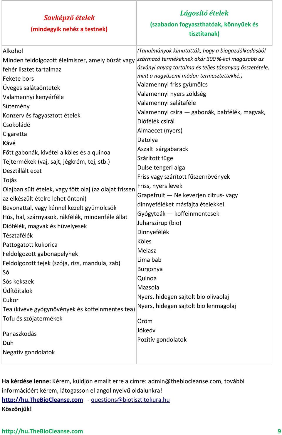 ) Desztillált ecet Tojás Olajban sült ételek, vagy főtt olaj (az olajat frissen az elkészült ételre lehet önteni) Bevonattal, vagy kénnel kezelt gyümölcsök Hús, hal, szárnyasok, rákfélék, mindenféle