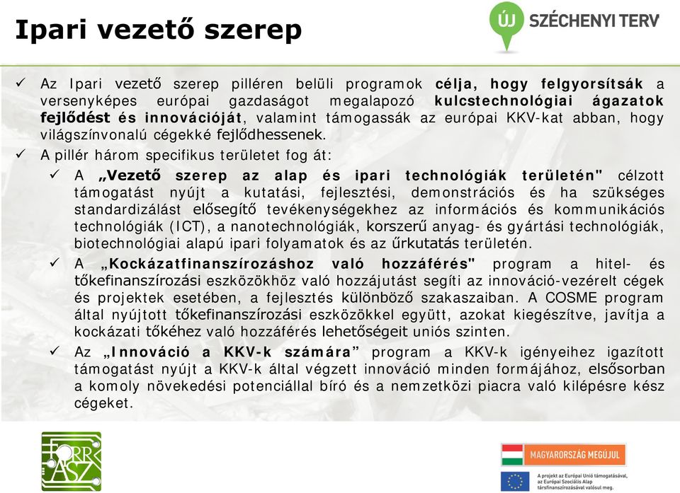 A pillér három specifikus területet fog át: A Vezető szerep az alap és ipari technológiák területén" célzott támogatást nyújt a kutatási, fejlesztési, demonstrációs és ha szükséges standardizálást