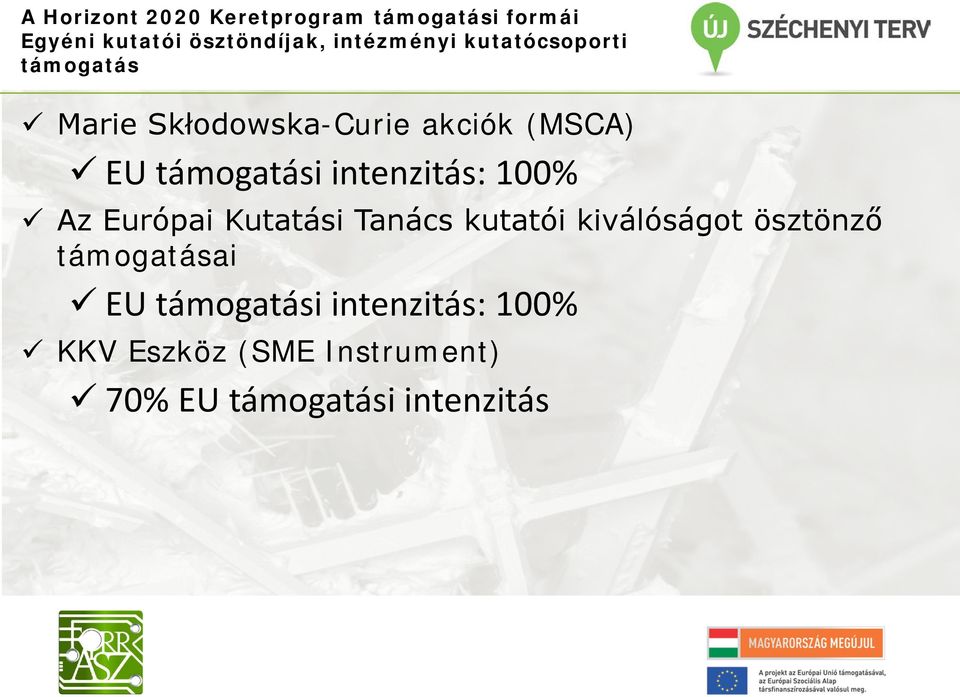 támogatási intenzitás: 100% Az Európai Kutatási Tanács kutatói kiválóságot ösztönző